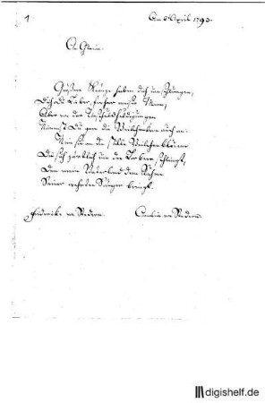 1: Brief von Amalie von; Stedern, Friederike Stedern an Johann Wilhelm Ludwig Gleim