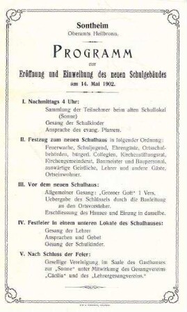 Programm zur Einweihung des neuen Schulgebäudes in Sontheim