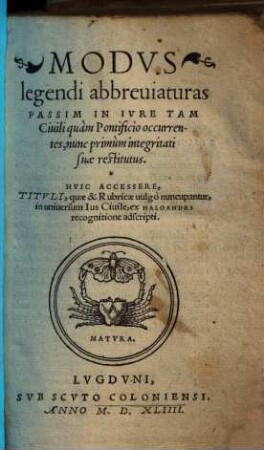 Modus legendi abbreviaturas passim in iure tam civili quam pontificio occurentes