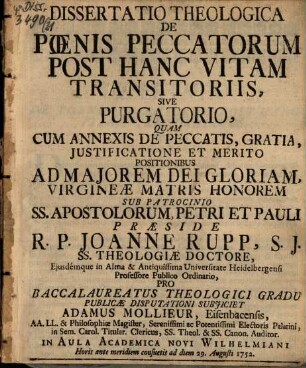 Diss. theol. de poenis peccatorum post hanc vitam transitoriis, sive purgatorio
