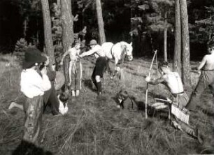 Kinder beim Indianerspiel ("Der Feind wird an den Marterpfahl gebunden")