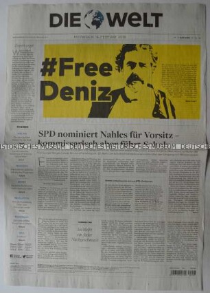 Tageszeitung "Die Welt" mit Titel zur ersten Jährung der Inhaftierung des deutsch-türkischen Journalisten Deniz Yücel in der Türkei