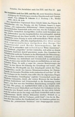 283-284 [Rezension] Schuster, Johann Baptist, Die Soziallehre nach Leo XIII. und Pius XI.