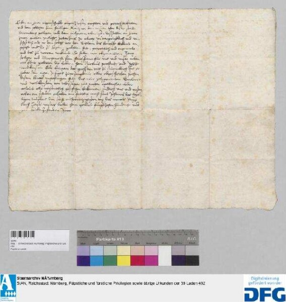 Jorg Steltzer zu Feucht und Margaretha, dessen Ehefrau, verkaufen mit Genehmigung Gabriel Nützels als Eigenherrn an Leonhart Fleck, Unterrichter, und Hans Volkart, Gotteshauspfleger zu Feucht, 2 fl. rh. Ewigzinses aus ihrer Wiese, die Fäglin genannt an der Schwarzach, bei des Rauffers Wiese, um 50 fl., welche ihnen Dr. Jorg Pessler, Fabian Harstorffer und Gabriel Nützel als Testamentsvollstrecker Katharien Harstorfferin in Gemässheit ihres letzten Willens bezahlt haben, dem Eigenherrn und dem Pfleger zum Heiligen Kreuz vor dem Neuen Tor an ihren Eigen- und Gatterzinsen unbeschadet.