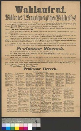 Wahlaufruf eines Braunschweigischen Wahlbündnisses für den Wahlkreis Braunschweig-Blankenburg zur Reichtstagswahl am 16. Juni 1898