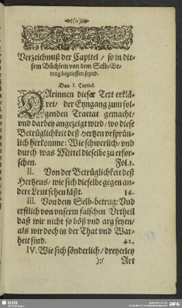 Verzeichnuß der Capitel, so in diesem Büchlein von dem Selb-Betrug begrieffen seynd