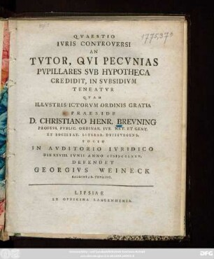 Qvaestio Ivris Controversi An Tvtor, Qvi Pecvnias Pvpillares Svb Hypotheca Credidit, In Svbsidium Teneatvr