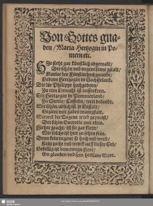 Von Gottes gnaden, Maria Hertzogin in Pomern etc.