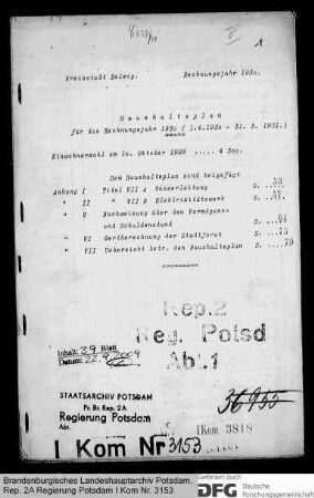 Haushaltsplan der Stadt Belzig für das Rechnungsjahr 1930