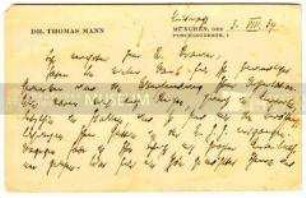 Handgeschriebene Postkarte von Thomas Mann
