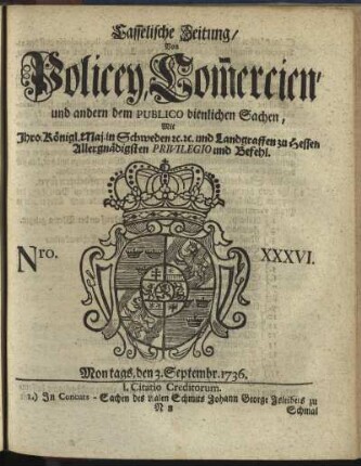 Nro. XXXVI, Montags, den 3. Septembr 1736