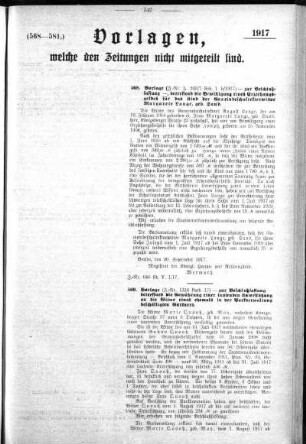 Anlage: (568-581), Vorlagen, welche den Zeitungen nicht mitgeteilt sind, 20. Oktober 1917
