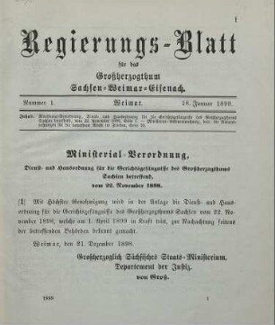 1. Ministerial-Verordnung, Dienst- und Hausordnung für die Gerichtsgefängnisse des Großherzogthums Sachsen betreffend