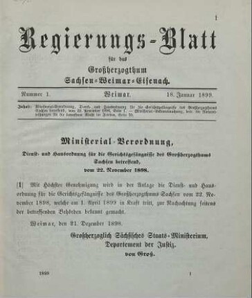 1. Ministerial-Verordnung, Dienst- und Hausordnung für die Gerichtsgefängnisse des Großherzogthums Sachsen betreffend