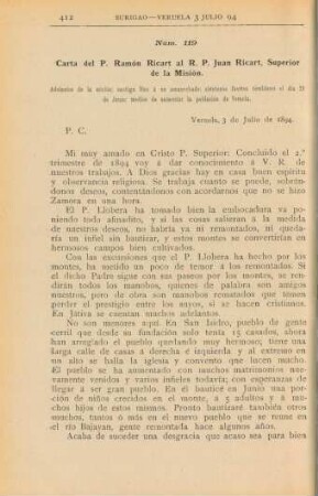Núm. 119. Carta del P. Ramón Ricart al R. P. Juan Ricart, Superior de la Misón