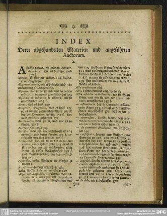Index Derer abgehandelten Materien und angeführten Auctorum