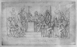 Ständeversammlung im 19. Jahrhundert : Rietschel, Ernst. Relief für die Aula des Leipziger Augusteums. Ständeversammlung im 19. Jahrhundert. Bleistift auf hellelfenbeinfarbenem Velin; 26,6 x 45 cm. Februar 1836. Privatbesitz. WVZ 260
