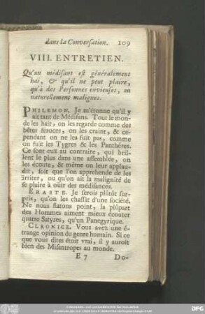 VIII. Entretien. Qu'un médisant est généralement haï, & qui'il ne peut plaire, qu'à des Personnes envieuses, ou naturellement malignes.