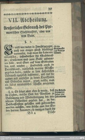 VII. Abtheilung. Aeußerlicher Gebrauch des Pyrmontischen Stahlwassers, oder von dem Bade
