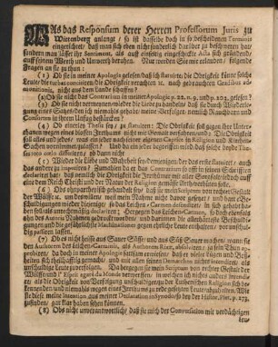 Als das Responsum derer Herren Professorum Juris zu Wittenberg anlangt / ...