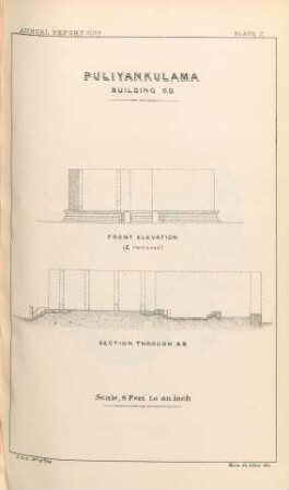 Plate J. Puliyankulama. Building O.O. Front elevation. Section through A B