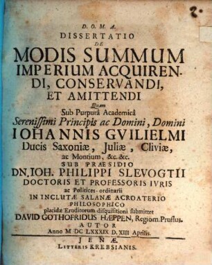 Dissertatio de modis summum imperium acquirendi, conservandi, et amittendi