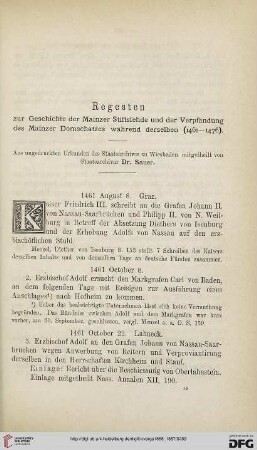 3: Regesten zur Geschichte der Mainzer Stiftsfehde und der Verpfändung des Mainzer Domschatzes während derselben (1461-1476)