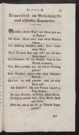 Trauerlied im Gefängnisse eines unschuldig Verurtheilten.