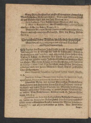 Verzeichnüß derer Bücher/ welche in Leipzigischer Michaelismeß 1649. ausgangen/ und nicht nach Franckfurt am Mayn kommen seynd.