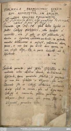 Formula Promissionis Eorum Qui Recipiuntur In Societatem Collegii Philosophici