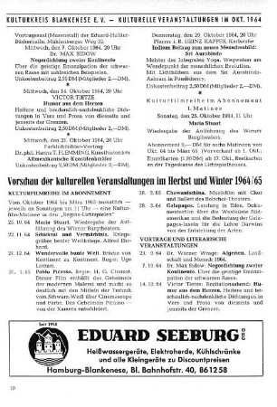 Vorschau der kulturellen Veranstaltungen im Herbst und Winter 1964/65