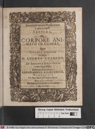 Exercitationum Physicarum e parte propria Septima, De Corpore Animato In Genere