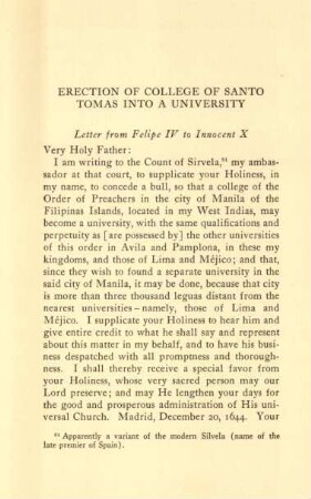 Erection of college of Santo Tomas into a university