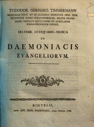 Diatribe antiquario-medica de daemoniacis Evangeliorum