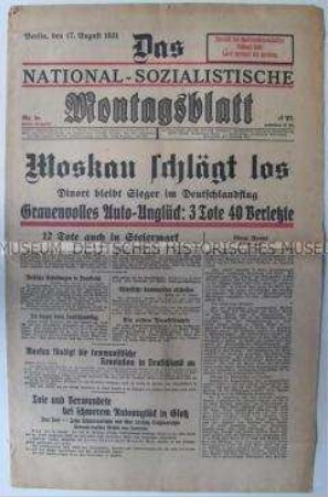 Wochenzeitung "Das national-sozialistische Montagsblatt" über einen angeblich bevorstehenden kommunistischen Umsturzversuch in Deutschland