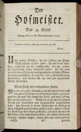Das 33. Stück. Leipzig, den 15 des Augustmonats 1752.