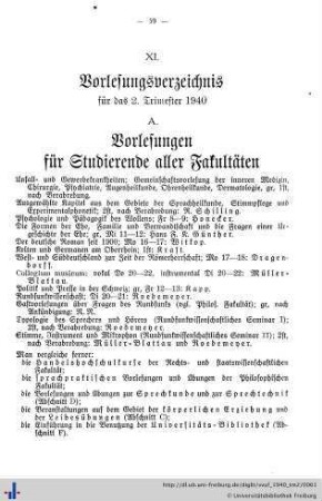 XI. Vorlesungsverzeichnis für das 2. Trimester 1940
