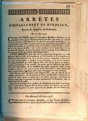 Arrêtés du Parlement de Bordeaux, du 26 Mai 1756 : extrait des registres de Parlement