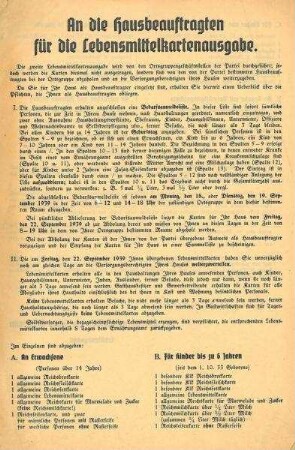 "An die Hausbeauftragten für die Lebensmittelkartenausgabe" Merkblatt des Ernährungsamtes Heilbronn