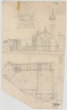 Thiersch, August ; Eichstätt (Bayern); Ev. Kirche und Pfarrhaus - Grundriss, Ansicht, Teilansicht