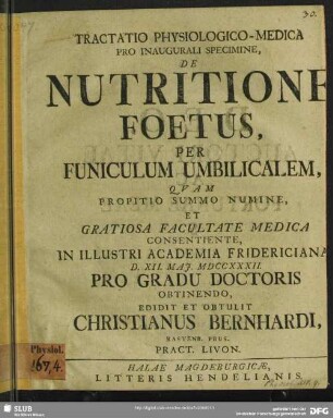 Tractatio Physiologico-Medica Pro Inaugurali Specimine, De Nutritione Foetus, Per Funiculum Umbilicalem
