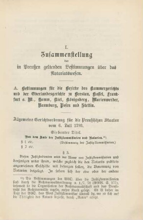 I. Zusammenstellung der in Preußen geltenden Bestimmungen über das Notariatswesen