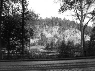 Dresden-Weißer Hirsch. Steinbruch (Lausitzer Zweiglimmergranit) nördlich der Mordgrundbrücke. Blick über die Bautzner Landstraße nach Nordwest