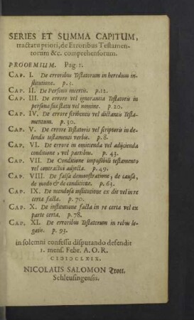 Series et Summa Capitum, tractatu priori, de Erroribus Testamentorum & c. comprehensorum.