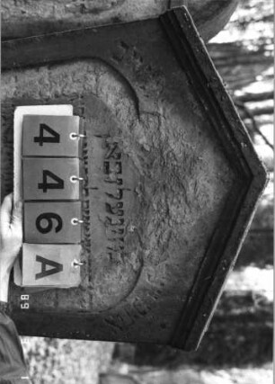 Grabstein 446 (Index: 99752801) Material: Sandstein Zustand: stark abgeblätt. /verwitt. m. Textverlust Maße HxBxT: 133x60x16 cm Beschreibung: Stele, giebelart. Abschl. mit Verdach., Schriftfeld eingetieft m. Kleeblattbogenabsch: Grabstein 446A