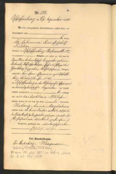 Standesamtsbuch der Stadt Aschaffenburg: Geburten 365/1900 - 184/1901