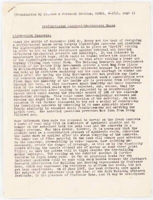 Leichtbetonmontagehaus für OMGUS (Office of the Military Government US): Erläuterungsbericht englisch, 7 S.