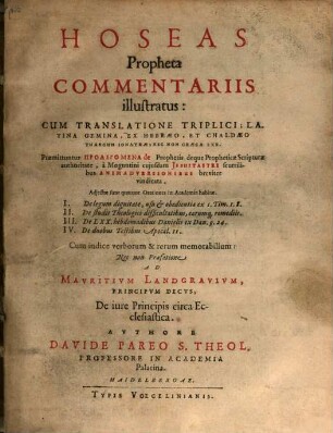 Hoseas Propheta commentariis illustratus : cum translatione triplici