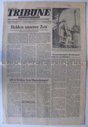 Wochenzeitung des FDGB "Tribüne" u.a. zum "Tag der Aktivisten" und zur deutschen Einheit