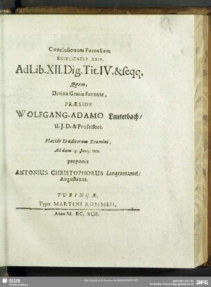 Conclusionum Forensium Exercitatio XXIV. Ad Libr. XII. Digt. Tit. IV. & seqq.